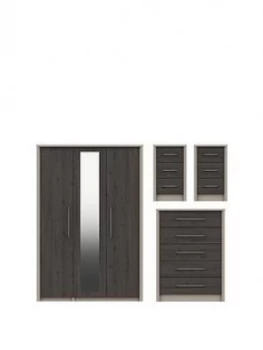 Smyth Part Assembled 3 Piece Package - 3 Door Mirrored Wardrobe, 5 Drawer Chest And 2 Bedside Chests