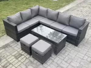 Fimous 6 Seater Outdoor Dark Grey Rattan Lounge Complete Sofa Set Left Side with Rectangular Coffee Table and 2 Stools