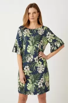 Navy Tropical Frill Sleeve Jersey Shift