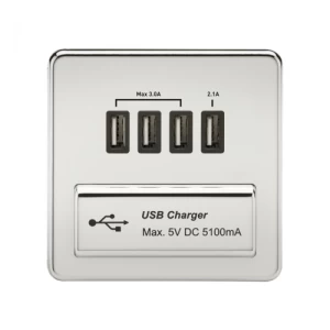 KnightsBridge 1G Screwless Polished Chrome Quad USB 5V Charger Outlet - Black Insert