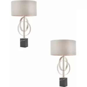 Loops - 2 pack Antique Silver Table Lamp & Mink Satin Shade Black Marble Base Desk Light