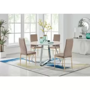 Santorini White Round Dining Table And 4 Cappuccino Gold Leg Milan Chairs - Cappuccino