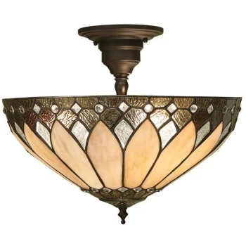 Interiors Brooklyn - 3 Light Medium Semi Flush Ceiling Light Bronze, Tiffany glass, E27