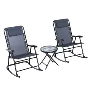 Outsunny 3pc Outdoor Rocking Set w/ 2 Folding Chairs and 1 Tempered Glass Table - Grey