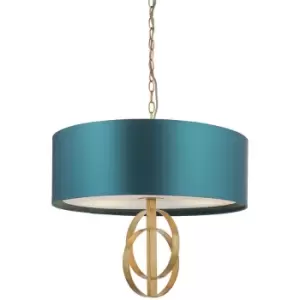 Merano Lighting - Merano Trento 3 Light Ceiling Pendant Antique Gold Leaf & Teal Satin Fabric