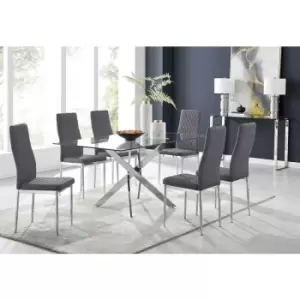 Furniturebox UK - Furniturebox Leonardo 6 Chrome Leg Glass Dining Table and 6 Grey Milan Velvet Dining Chairs Diamond Stitch Modern Contemporary