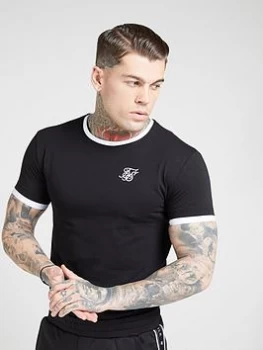 SikSilk Inset Straight Hem Ringer Gym T-Shirt - Black/White, Size 2XL, Men