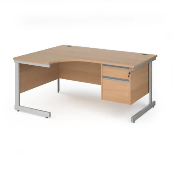 Office Desk Left Hand Corner Desk 1600mm With Pedestal Beech Top With Silver Frame 1200mm Depth Contract 25 CC16EL2-S-B