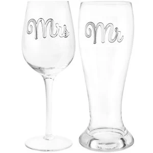 Mr & Mrs Beer & Wine Glass By Lesser & Pavey
