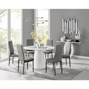 Furniturebox Palma White High Gloss 6 Seat Minimalist Post Modern Round Dining Table & 6 Grey Milan Black Leg Faux Leather Chairs