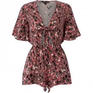 Biba Pink Leopard Tie Front Frill Playsuit - Pink