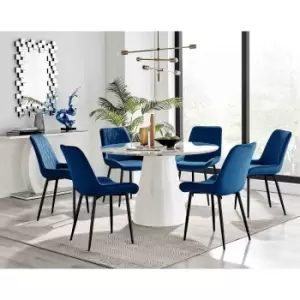 Furniture Box Palma White Marble Effect Round Dining Table and 6 Navy Pesaro Black Leg Chairs