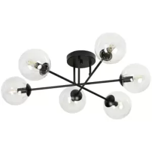 Emibig Brendi Black Globe Multi Arm Semi Flush Ceiling light with Clear Glass Shades, 6x E14