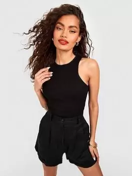 Boohoo Racer Neck Rib Knit Crop Top - Black, Size L, Women