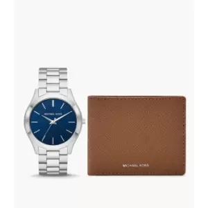 Michael Kors Mens Slim Runway Three-Hand Stainless Steel Watch And Luggage Saffiano Leather Wallet Set - Silver