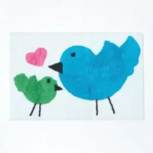 Cotton Tufted Washable Blue Green Birds Pink Heart Kids Rug - Blue - Homescapes