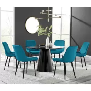 Furniture Box Palma Black Semi Gloss Round Dining Table and 6 Blue Pesaro Black Leg Chairs