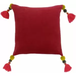 Riva Paoletti Poonam Faux Velvet Pom Pom Tasselled Cushion Cover, Pomegranate/Lemon Curry, 45 x 45 Cm