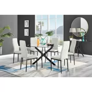 Furniture Box Novara Black Leg 120Cm Round Glass Dining Table and 6 Cream Velvet Milan Black Leg Chairs