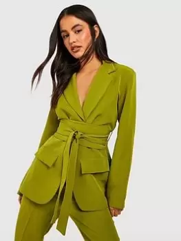 Boohoo Tie Waist Tailored Blazer - Olive