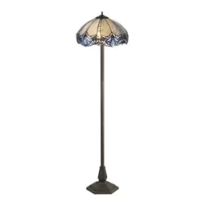 Luminosa Lighting - 2 Light Octagonal Floor Lamp E27 With 40cm Tiffany Shade, Blue, Clear Crystal, Aged Antique Brass