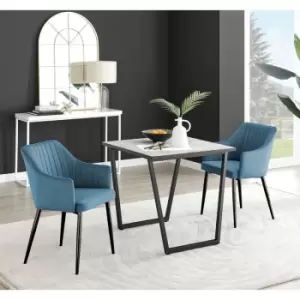 Furniturebox Carson White Marble Effect Square Dining Table & 2 Blue Calla Black Leg Velvet Chairs