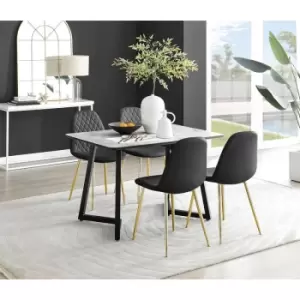 Furniturebox Carson White Marble Effect Recatngular 120cm Dining Table & 4 Black Corona Faux Leather Dining Chairs with Gold Legs Diamond Stitch