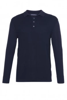 Mens French Connection Textured Knit Long Sleeved Polo Shirt Blue