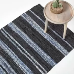 Texas Leather & Denim Woven Striped Blue Rug, 160 x 230cm - Blue - Blue - Homescapes