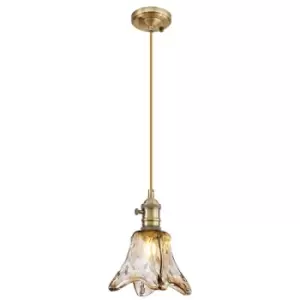 Luminosa Lighting - Luminosa Leyden Switched Ceiling Pendant 1.5m, E27, Antique Brass, Golden Brown Braided Cable, Brown Flower Glass