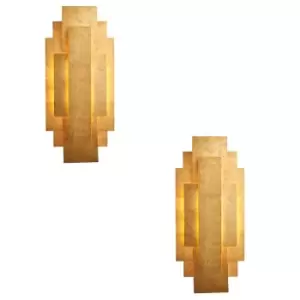 2 PACK Antique Gold Leaf Panel Wall Light - Twin G9 LED - Decorative Sconce