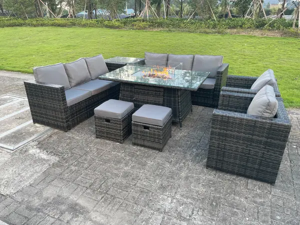 Fimous 8 Seater Outdoor Dark Grey Rattan Lounge Complete Sofa Set with Gas Fire Pit and 2 Stools