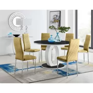 Furniturebox UK - Furniturebox Giovani Black 120cm Round Dining Table and 6 Mustard Velvet Milan Dining Chairs With Silver Legs