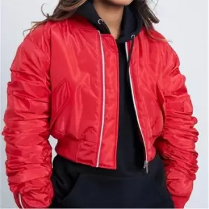 I Saw It First Ruched Sleeve Padded Bomber Jacket - Red