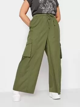 Yours Washed Cargo Wide Leg Trousers Khaki, Green, Size 18, Women