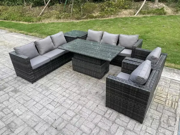 Fimous 8 Seater Outdoor Dark Grey Rattan Lounge Complete Sofa Set with Adjustable Rising Lifting Dining Table