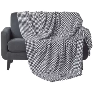 Black Houndstooth 100% Cotton Bedspread Throw, 225cm x 255cm - Black - Homescapes