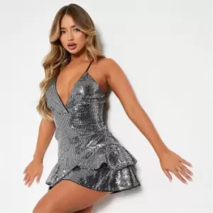 I Saw It First Sequin Plunge Front Frill Detail Sleeveless Mini Dress - Metallics