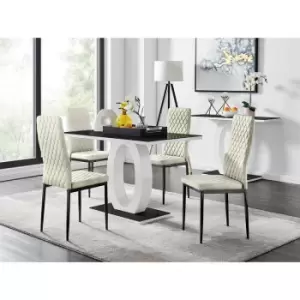 Furniturebox UK - Furniturebox Giovani 4 Black Dining Table & 4 Cream Milan Velvet Dining Chairs With Black Legs Diamond Stitch Modern Contemporary