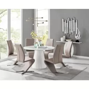 Furniturebox Palma White High Gloss 6 Seat Minimalist Post Modern Round Dining Table & 6 Cappuccino Willow Faux Leather Chairs