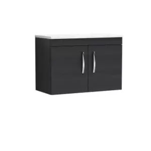 Nuie Athena 800 Wall Hung 2-door Vanity & Sparkling White Worktop - Black Woodgrain