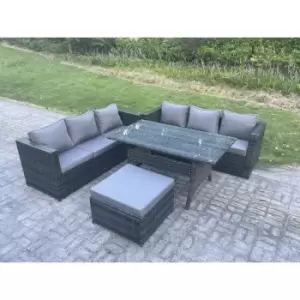 Fimous 6 Seater Outdoor Dark Grey Mixed PE Wicker Lounge Complete Sofa Set with Rectangular Dining Table and Big Footstool