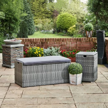 Outdoor Garden Patio Furniture, 2 In 1 Rattan 336 Litre Large Storage Box & Bench Seat with Cream Cushion, Weather-Resistant, Grey - Grey - Teamson