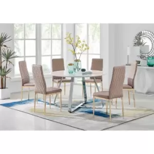 Furniture Box Santorini White Round Dining Table and 6 Cappuccino Gold Leg Milan Chairs