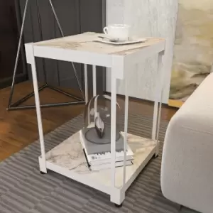 Zenas Nightstand , Side End Table With Shelves, Space Saver Modern Night Table , industrial Metal Frame Side Table- White Marble Pattern And White