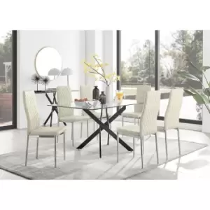 Furniturebox UK - Furniturebox Leonardo 6 Black Leg Glass Dining Table and 6 Cream Milan Velvet Dining Chairs Diamond Stitch Modern Contemporary