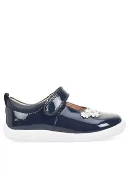 Start-rite Fairy Tale Girls Navy Blue Patent Leather Flower Detail Mary Jane Riptape Shoes - Navy Blue, Navy Patent, Size 6 Younger