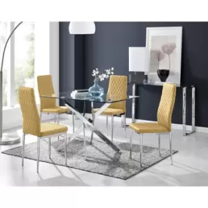 Furniturebox UK - Furniturebox Leonardo 4 Chrome Leg Glass Dining Table and 4 Mustard Milan Velvet Dining Chairs Diamond Stitch Modern Contemporary