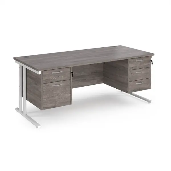 Maestro 25 straight desk 1800mm x 800mm with 2 and 3 drawer pedestals - white cantilever leg frame, grey oak top