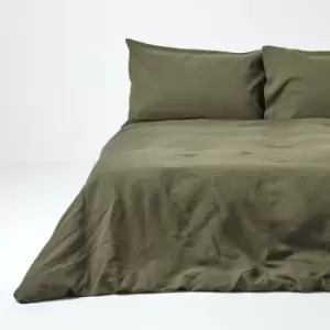 Khaki Green European Linen Duvet Cover Set, 155 x 220cm - Green - Green - Homescapes